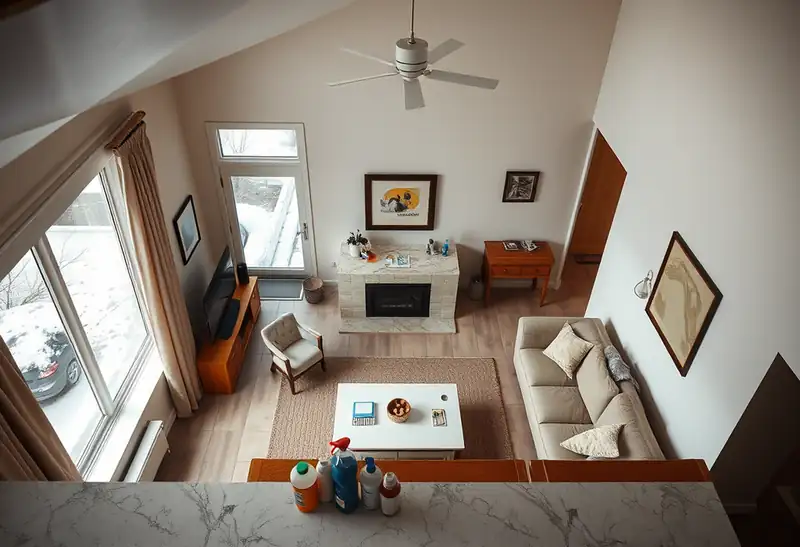 Illustration of clean bright living room with cleaning supplies on a counter in a 1994-era home