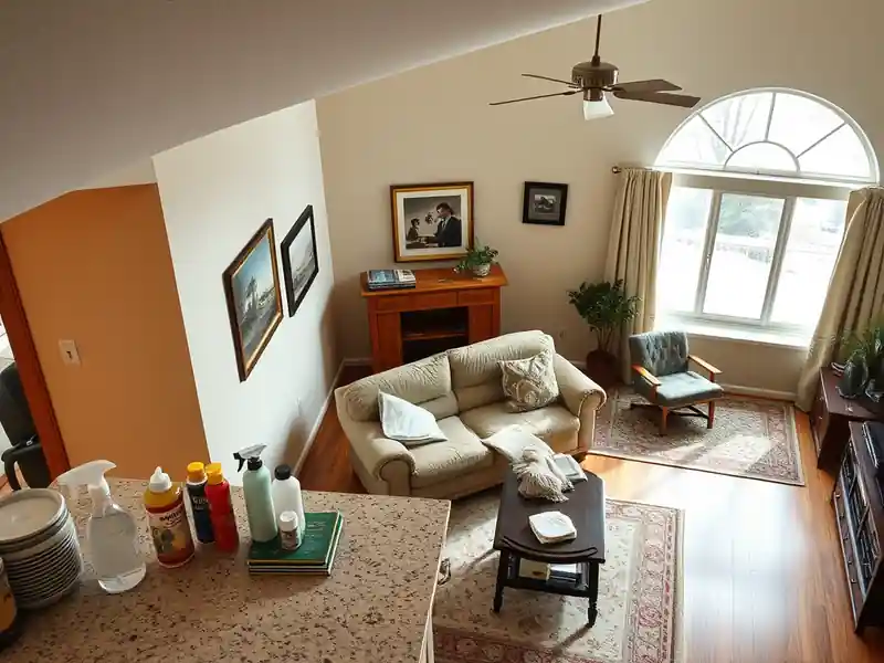 Illustration of close-up of materials and finishes of clean bright living room with cleaning supplies on a counter in a 1994-