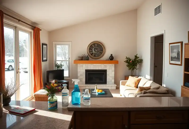 Illustration of clean bright living room with cleaning supplies on a counter in a 1994-era home