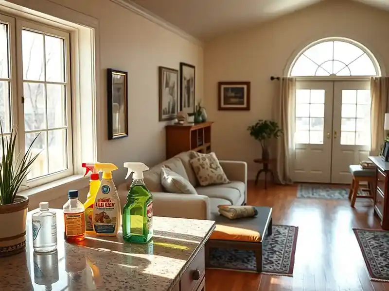 Illustration of close-up of materials and finishes of clean bright living room with cleaning supplies on a counter in a 1994-