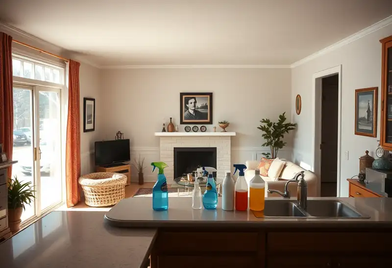 Illustration of clean bright living room with cleaning supplies on a counter in a 1994-era home