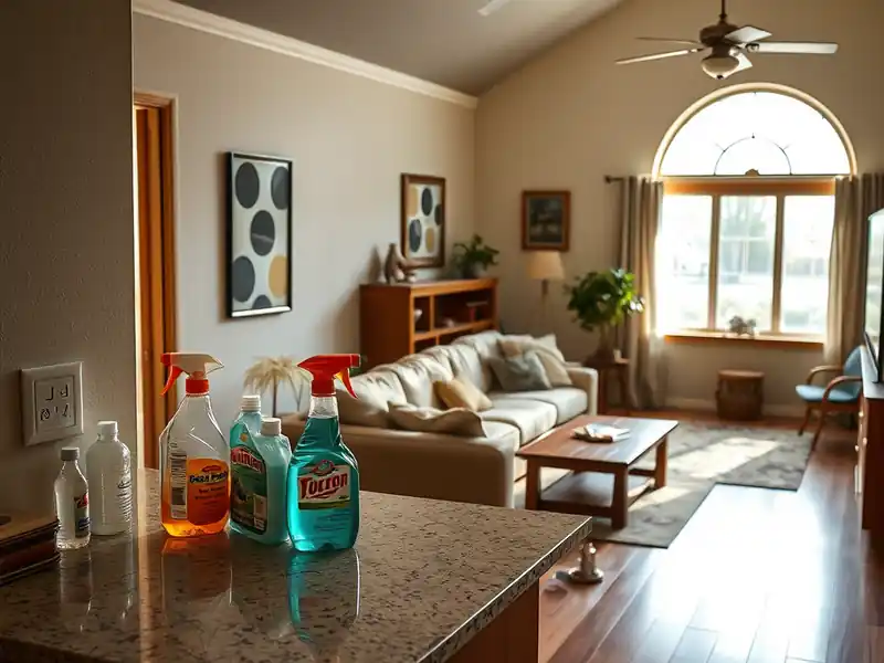 Illustration of close-up of materials and finishes of clean bright living room with cleaning supplies on a counter in a 1994-