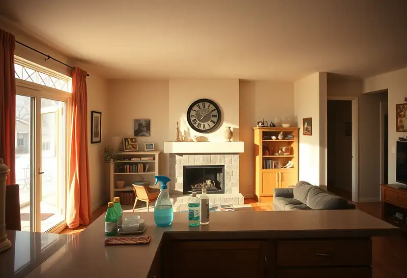 Illustration of clean bright living room with cleaning supplies on a counter in a 1994-era home
