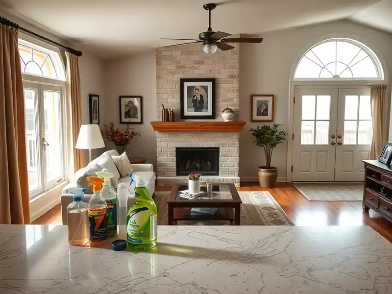 Illustration of close-up of materials and finishes of clean bright living room with cleaning supplies on a counter, as found