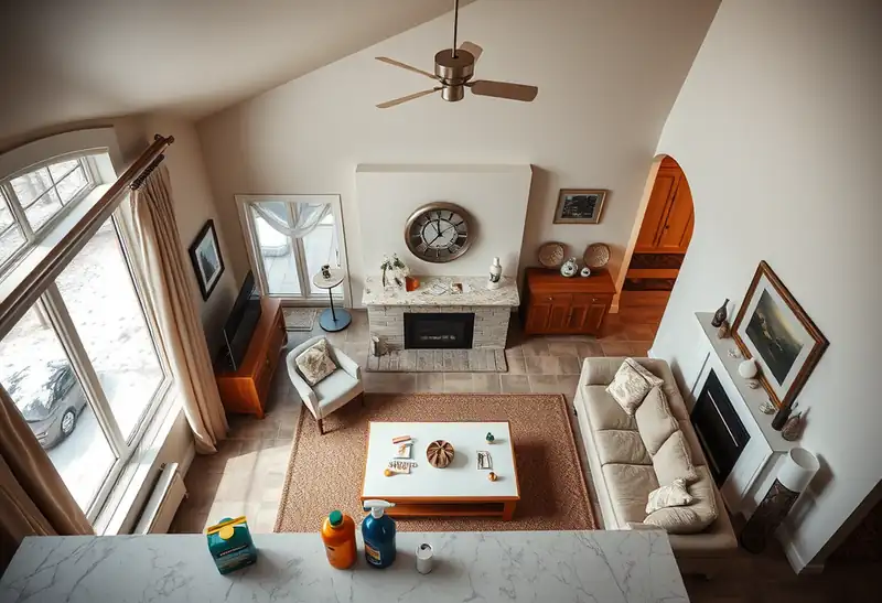 Illustration of clean bright living room with cleaning supplies on a counter in a 1994-era home
