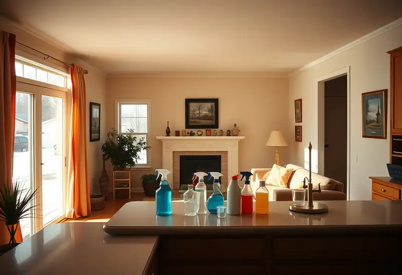 Illustration of clean bright living room with cleaning supplies on a counter in a 1994-era home