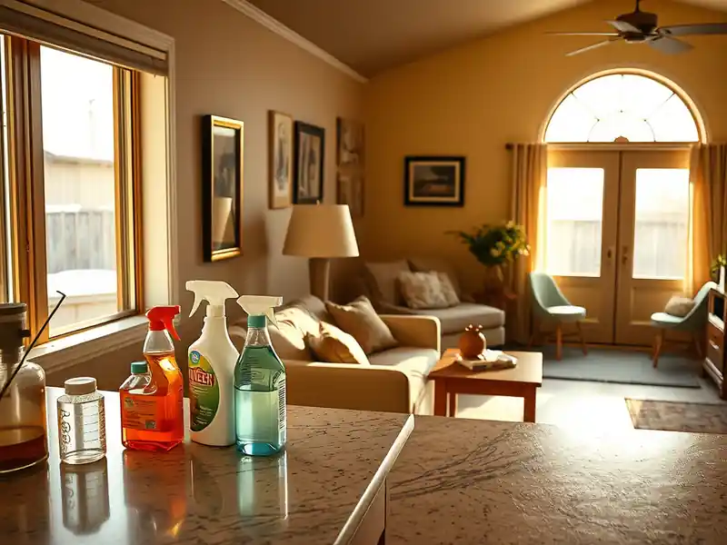 Illustration of close-up of materials and finishes of clean bright living room with cleaning supplies on a counter in a 1994-