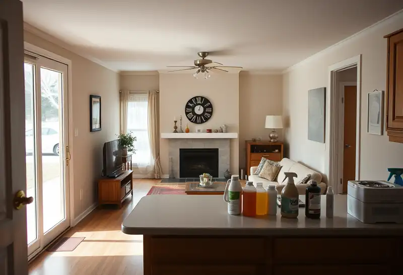 Illustration of clean bright living room with cleaning supplies on a counter, as found in 1994-era homes