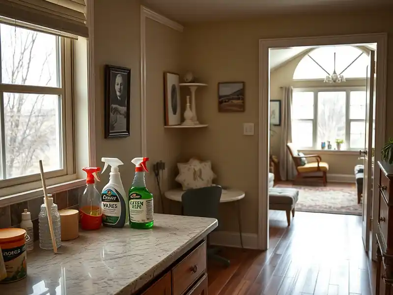 Illustration of close-up of materials and finishes of clean bright living room with cleaning supplies on a counter, as found