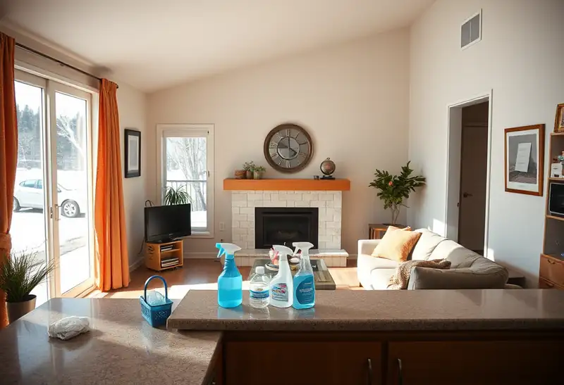 Illustration of clean bright living room with cleaning supplies on a counter, as found in 1994-era homes