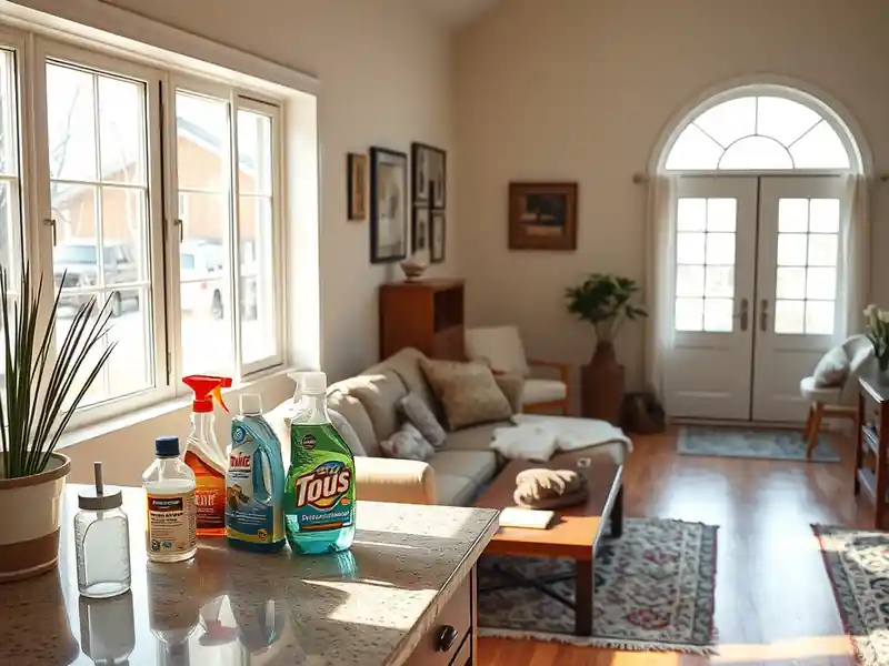 Illustration of close-up of materials and finishes of clean bright living room with cleaning supplies on a counter, as found
